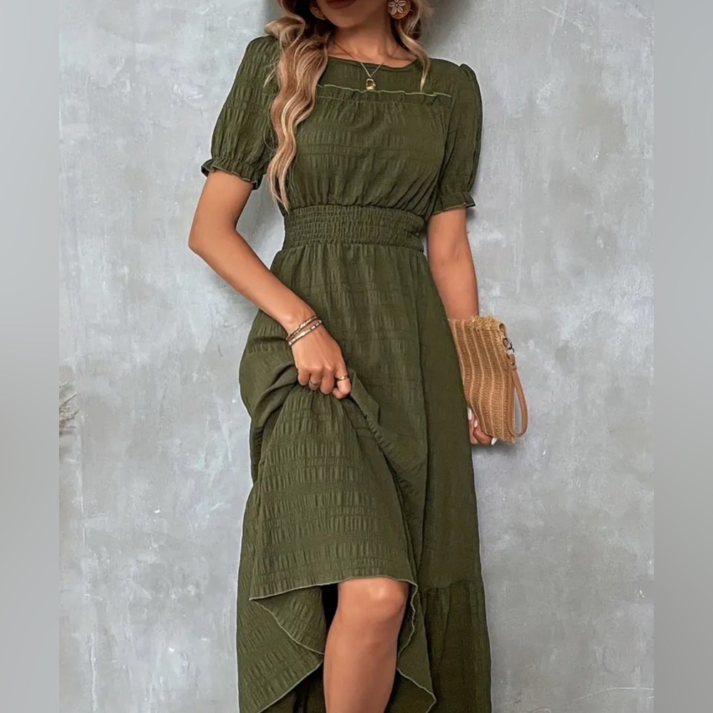 Olive Textured Puff-Sleeve Midi Dress | Smocked High Waist, Tiered - Picture 2 of 4